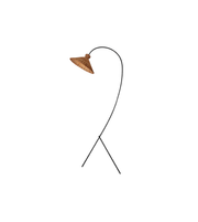 Minimalist floor lamp with wooden shade on a white background