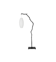 Modern floor lamp with white shade and black curved arm on a white background