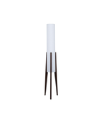 Floor lamp with a white shade and dark wooden legs on a white background