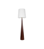 Floor lamp with a white shade and wooden base on a white background