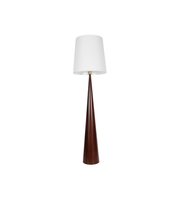 Floor lamp with a white shade and wooden base on a white background