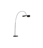 Modern black floor lamp with curved design on a white background