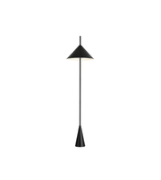 Black floor lamp with a unique design on a white background