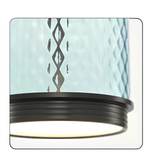 Ceiling light fixture with blue glass shade and black metal base on a white background
