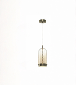Pendant light with glass shade and metal fixture on a white background