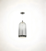 Pendant light fixture with textured design on a white background