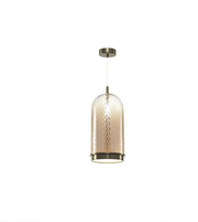 Pendant light with wooden top and ceramic base on a white background