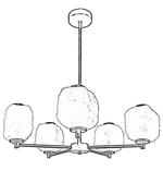 Line drawing of a chandelier with five light fixtures on a white background