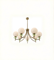Chandelier with six round lights on a white background