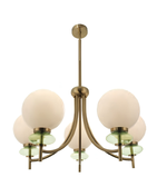 Chandelier with brass fixture and white and green glass shades on a white background