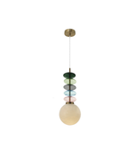Modern pendant light featuring stacked colored glass discs in green, blue, grey, and blush tones with an opal glass globe and brushed brass accents.