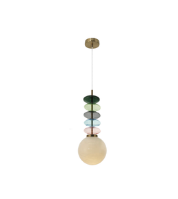 Modern pendant light featuring stacked colored glass discs in green, blue, grey, and blush tones with an opal glass globe and brushed brass accents.