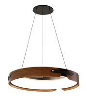 Wooden pendant light with black accents on a white background
