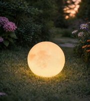 Glowing spherical outdoor light in a garden setting with flowers and grass.