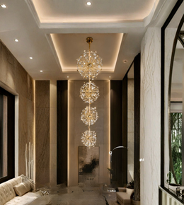 Luxurious interior with a chandelier hanging from the ceiling.