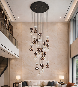 Modern chandelier hanging in a stylish living room with neutral tones.