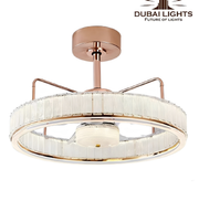 Ceiling fan light with rose gold frame and white blades on a white background, branded as 'Dubai Lights'.