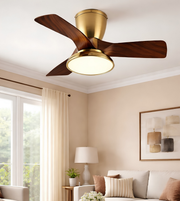 Ceiling fan with wooden blades in a living room setting