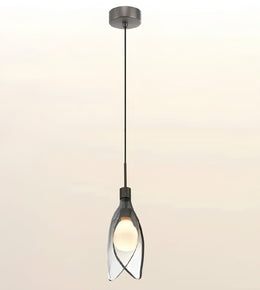 A modern pendant light with a dark gray metal canopy and cord, featuring a clear glass shade with a glowing warm bulb inside, set against a soft beige gradient background.