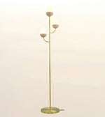 A modern floor lamp with a slim gold-finished metal stand, three curved arms, and three frosted white globe shades, shown against a plain light background.