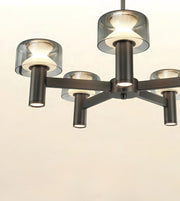A modern 5-light chandelier with a dark gunmetal metal frame and translucent smoky glass shades, shown illuminated against a plain off-white background.