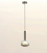 A modern pendant light fixture with a brushed metal cylindrical stem, a clear glass shade, and a glowing bulb inside, suspended by a thin cord from a matching ceiling canopy against a soft beige background.