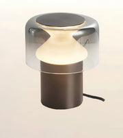 A modern table lamp with a dark bronze cylindrical base, a glowing frosted glass neck, and a clear glass dome shade on a light beige background.