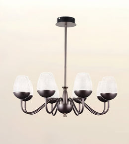 A 5-light chandelier with a dark bronze metal frame and textured white glass shades, shown against a plain beige background.