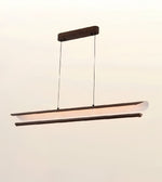 A modern linear pendant light with a dark wood ceiling mount and two horizontal arms, one with a frosted white glass panel and the other with a clear glass panel, suspended against a plain off-white background.