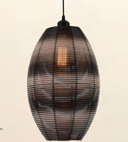 A hanging pendant light with a dark brown translucent woven shade made of horizontal slats, shown against a plain light beige background.