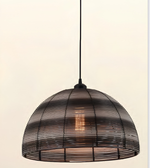 A dome-shaped pendant light with a dark metal slatted shade, suspended by a black cord against a plain light beige background.