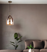 A modern pendant light with a clear glass dome shade and dark brown leather accents hanging in a minimalist living room setting with a brown sofa and green plant.
