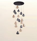 A modern multi-light chandelier with a circular black ceiling canopy and multiple teardrop-shaped glass pendant lights in smoked gray and warm beige, suspended against a plain light beige background.
