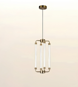 A modern multi-light linear pendant chandelier with four clear glass tubes and brushed brass hardware, suspended against a light beige gradient background.