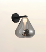 A modern wall sconce with a black circular wall mount and arm, featuring a teardrop-shaped smoked glass shade that encloses a glowing warm white bulb, set against a plain off-white background.