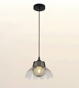 A modern pendant light fixture with a black ceiling canopy and cord, featuring a textured clear glass shade with a warm glowing bulb inside, set against a soft beige gradient background.