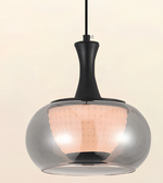 A modern pendant light with a large, rounded translucent smoky glass shade, a matte black neck, and a warm peach-colored textured inner shade, suspended against a solid light beige background.