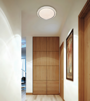 A modern circular flush-mount ceiling light with a textured white diffuser and a decorative silver-toned outer rim, installed in a minimalist hallway with light wood paneling.