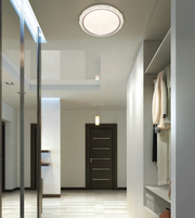 A modern ceiling light fixture with a circular white glass shade and a decorative textured silver-toned outer rim, shown installed in a contemporary hallway with white walls and a dark wood door.