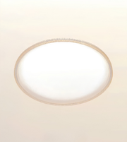 An oval ceiling light fixture with a textured, beaded outer rim and a bright white frosted center, shown against a plain off-white background.