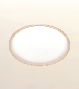 An oval ceiling light fixture with a textured, beaded outer rim and a bright white frosted center, shown against a plain off-white background.