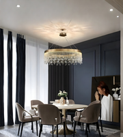 Dining room with a chandelier, table, chairs, and decorative elements.