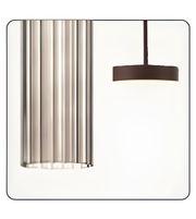 Modern pendant light with brown shade and cylindrical glass shade on a white background