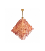 Luxury blush pink Capiz shell chandelier with cascading petal discs on white background