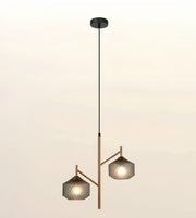 A modern two-light pendant ceiling fixture with a black canopy and cord, a central vertical rod, and two angled arms holding textured gray glass shades, shown against a plain light background.
