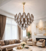 Luxury smoked petal glass chandelier suspended in elegant living room interior