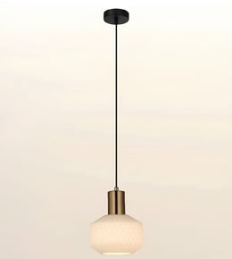 A modern pendant light with a black ceiling canopy and cord, a brushed brass cylindrical neck, and a textured white glass shade, shown against a plain off-white background.