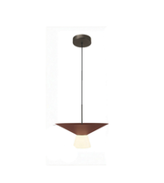 Modern pendant light with a brown shade on a white background