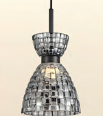 A modern pendant light with a textured, woven-like metallic silver shade and a black hanging rod, shown against a plain beige background.