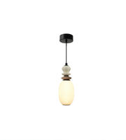 Pendant light with a white glass shade and wooden accents on a white background